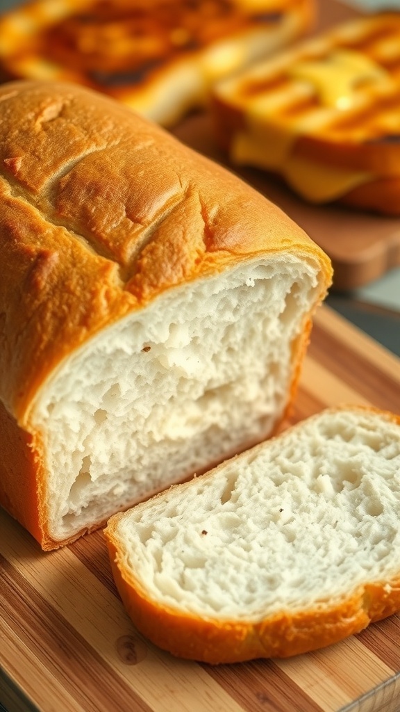 A loaf of homemade bread sliced, with a grilled cheese sandwich in the background on a wooden cutting board.